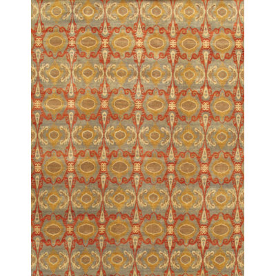 Tapis brun / rouge / jaune en laine noué à la main Ikat