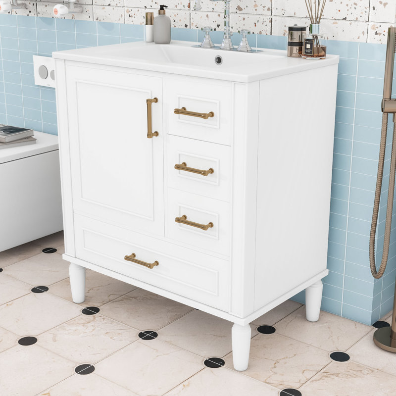 Meuble-lavabo de salle de bain avec lavabo en céramique, tiroirs de rangement et porte, Blanc