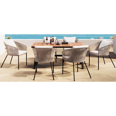 GO 7 Pieces Patio Dining Set, All-Weather Outdoor Furniture Set With Dining Table And Chairs, Acacia Wood Tabletop, Metal Frame, For For Garden, Backyard, Balcony, Beige