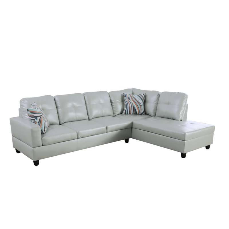 Bawan Faux Leather L-Shaped Sectional, Right Hand Facing, Silver/Green Faux Leather