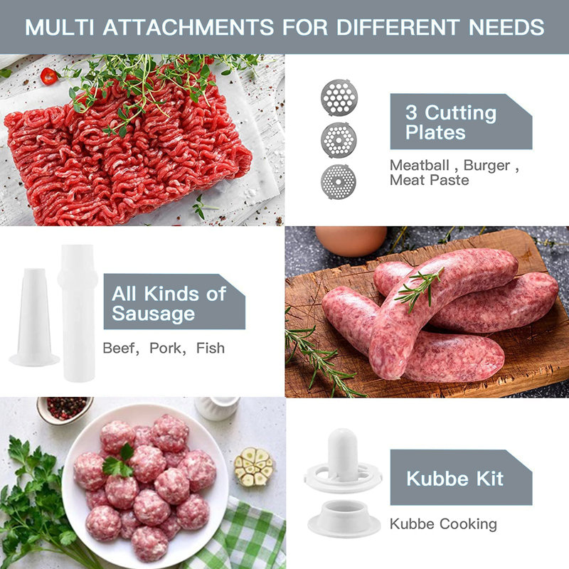 2000W Electric Meat Grinder with 3 Grinding Plates, Sausage Stuffing Tubes, Kubbe Kits, ETL Approve