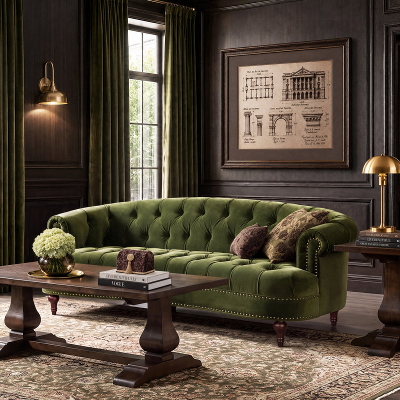 Joannes Velvet Rolled Arm Chesterfield, 32" H x 83.5" W x 38" D, Olive Green