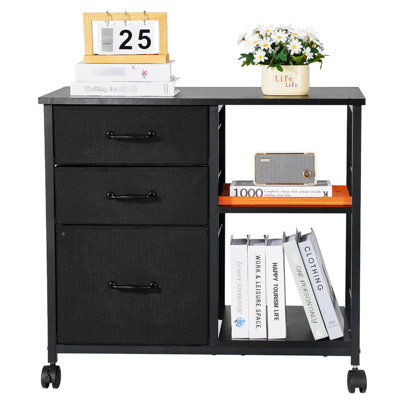Classeur multifonctionnel noir avec 3 tiroirs et 2 tablettes ouvertes, idéal pour le rangement de documents de bureau, facile à déplacer avec des tablettes en tissu en métal noir, organisation de rangement, surface propre
