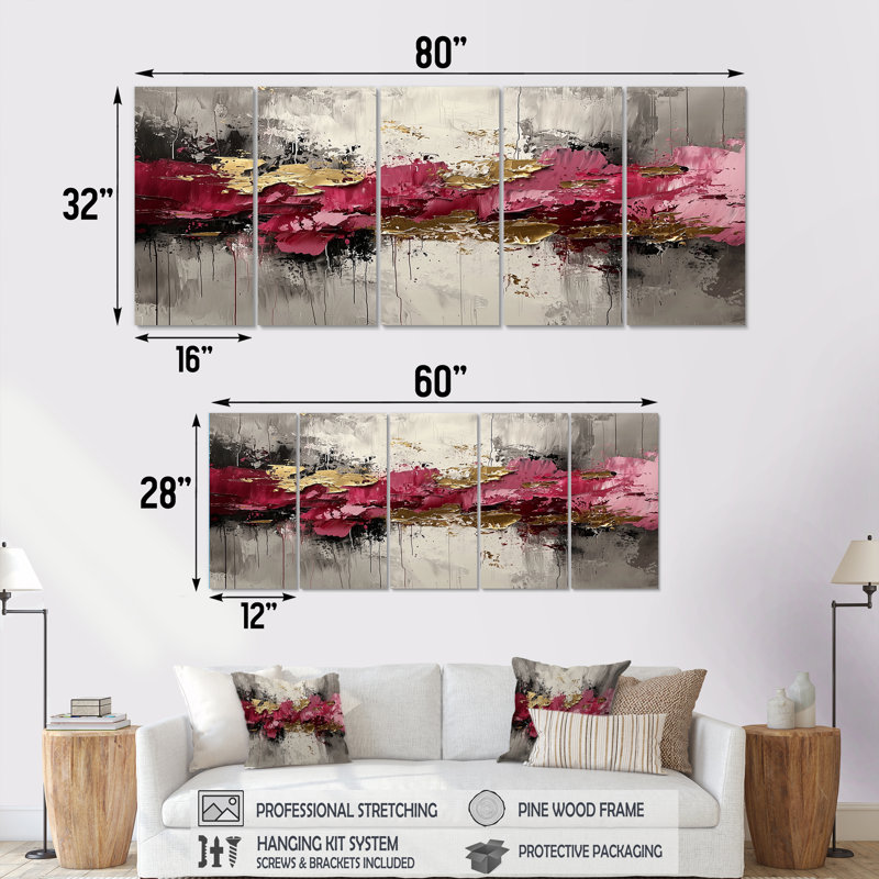 Expressionnisme de l'or rose foncé Fusion III - de - Art mural moderne pour le salon, H 28 po x l 60 po, 5