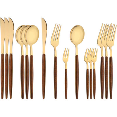 16-Piece Wooden-Effect Stainless Steel Flatware Set With Cake Forks, Mirror Polished, Dishwasher Safe