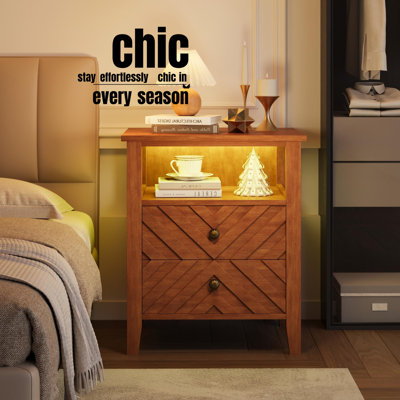 Farmhouse LED Night Stand with 2 Storage Drawers- V-Shaped Design, Open Storage, Shelf Stable Wooden Legs by 17 Stories