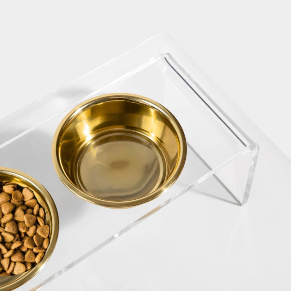 Small Clear Elevated Feeder with Gold Bowls, 1.5 cups, Gold