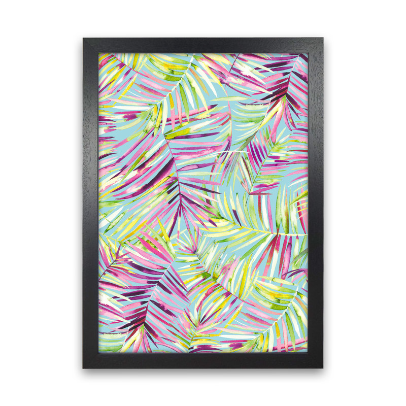 Tropical Palms Blue - Print, 63cm H x 46cm W x 3cm D, Black Framed