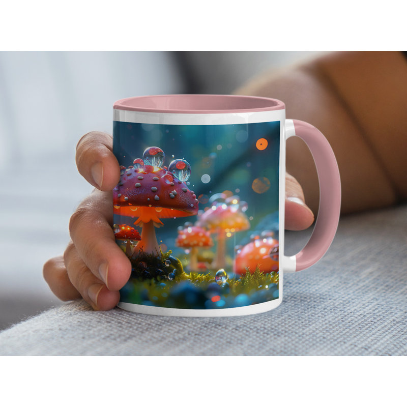 Set of 2 3D Design 11oz Accent Mugs – Ceramic Coffee Cups with a Pink Handle and Interior