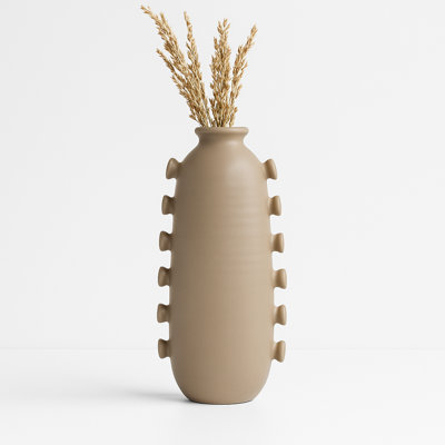 Unique Artistic Tall Table Vase With Side Detailing - Contemporary Vases For Flowers And Home Decor Interiors - Tan