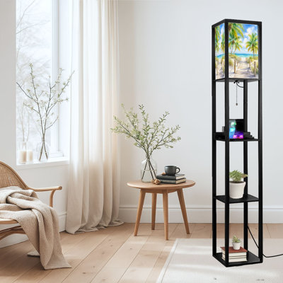 Dimmable LED Standing Floor Lamp Wooden Pathway to Tropical Beach Palm Trees Blue Sky, MDF Frame Floor Lamp with Remote Control, 3 Color Light, for Living Room Bedroom