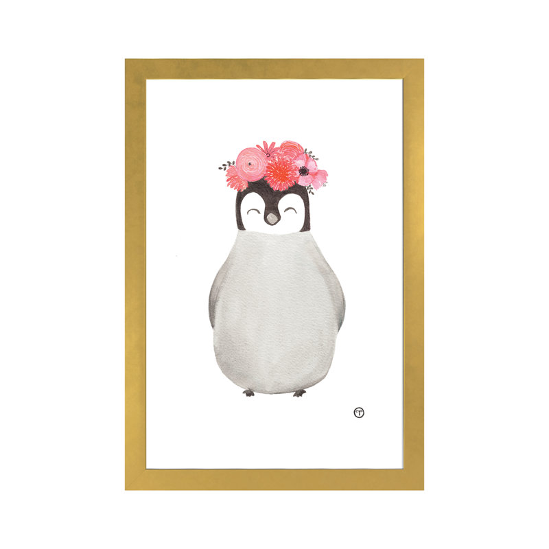 Art pingouin, Papier encadré doré, H 24 po x l 16 po x P 1 po