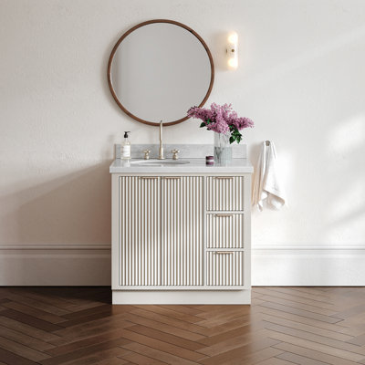 Ensemble de meuble-lavabo simple 36 po en bois massif avec plateau en marbre de Carrare 1,5 po, gauche décalé, lavabo ovale