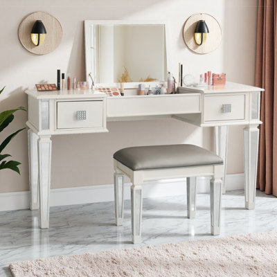 Mirrored Vanity Desk Set with Flip Mirror & Stool | Space-Saving Makeup Dressing Table, 2 Drawers & Hidden Storage | Bedroom, Apartment, Home Office