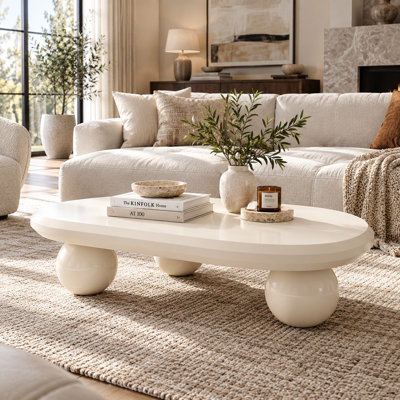 51.2" Irregular Oval Coffee Table with Spherical Ball Legs, Modern Cream Coffee Table with Wood Veneer & Glossy Finish for Living Room