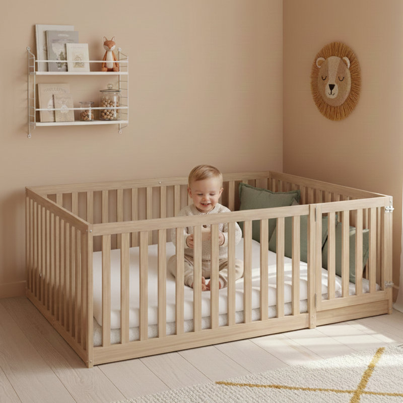 Structure de lit Little Dreamer | Lit de bébé en bois pour lit simple | Tout-petit Mimi d'inspiration Montessori | Structure de lit en bois naturel Mimi avec garde-corps allongés
