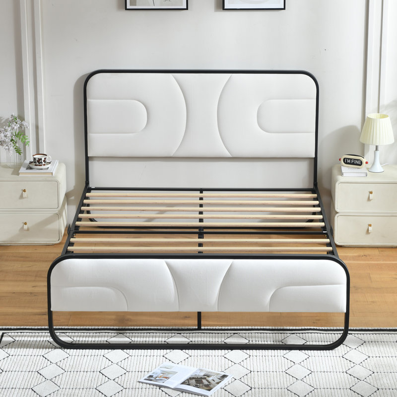 Nelsie Upholstered Platform Bed with Velvet Tufted Headboard,White Fabric,Black Frame, Full, White