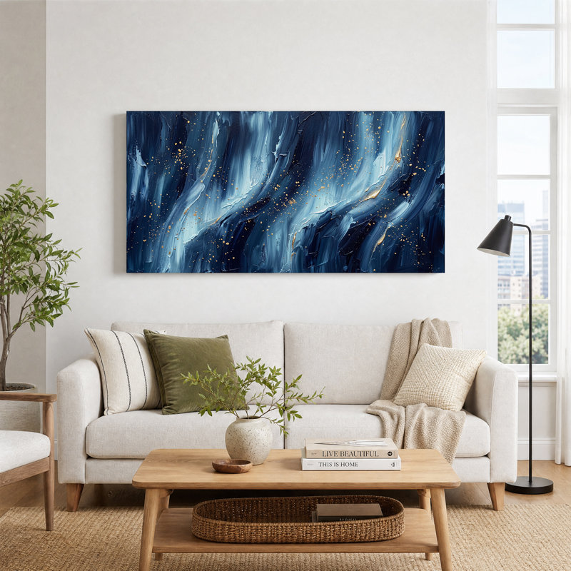 Art mural sur toile à coups de pinceau abstrait bleu profond, 58“W x 28”H