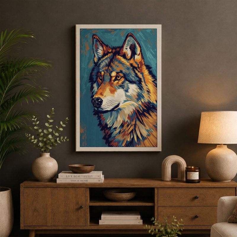 Expressive Wolf Modern - Wrapped Canvas, 30x20 - 76.2 x 50.8 cm, Ochre Border