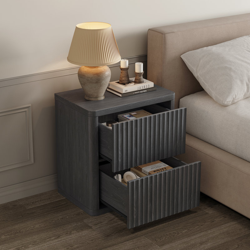 Table de chevet cannelée avec 2 tiroirs escamotables, Aulne noir, Individuel
