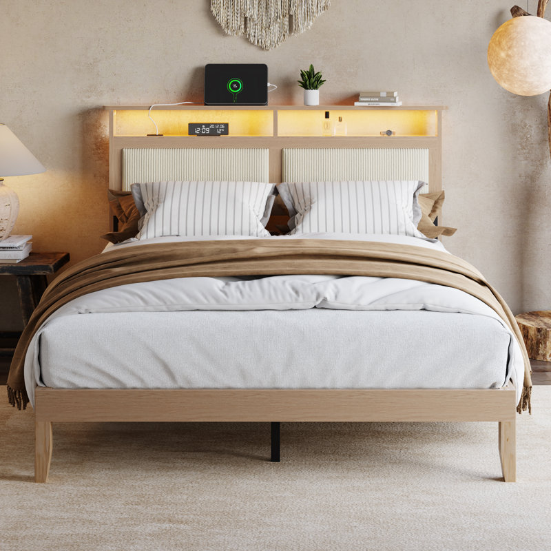 Cadre de grand lit avec tête de lit tapissier en velours côtelé, cadre de lit plateforme grand avec lumières DEL et rangement, support de lattes en bois robuste, sommier à ressorts, aucun sommier nécessaire