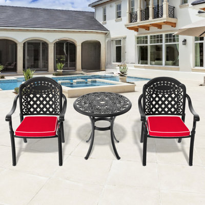 3 meubles de patio en aluminium coulé, noir, coussins de couleur aléatoire pour la cour, chaises empilables, table ronde avec trou pour parasol extérieur, cadre noir, Peaceful Time,