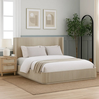 Dery Queen Size Bed, Reeded Headboard And Footboard Panels, Oak Brown