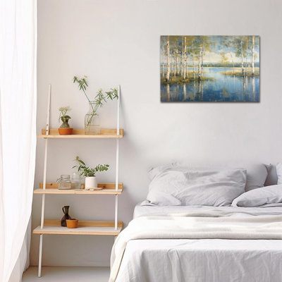 Hiver, forêt de bouleaux, art mural sur toile - Reflet du lac bleu, scène de la nature, impressions sur toile pour le salon, affiche murale, encadrée prête à être accrochée