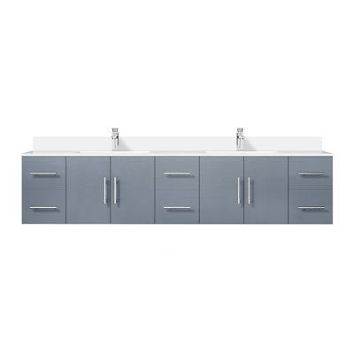 Dark Grey Double Bath Vanity 84 In. W X 22 In. D, White Quartz Top, And Faucet Set