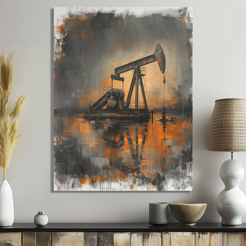 «Grey Orange Winter Oil Fields Powing Iron» - Reproduction d'art mural, Canevas, H 12 po x l 20 po x P 1 po