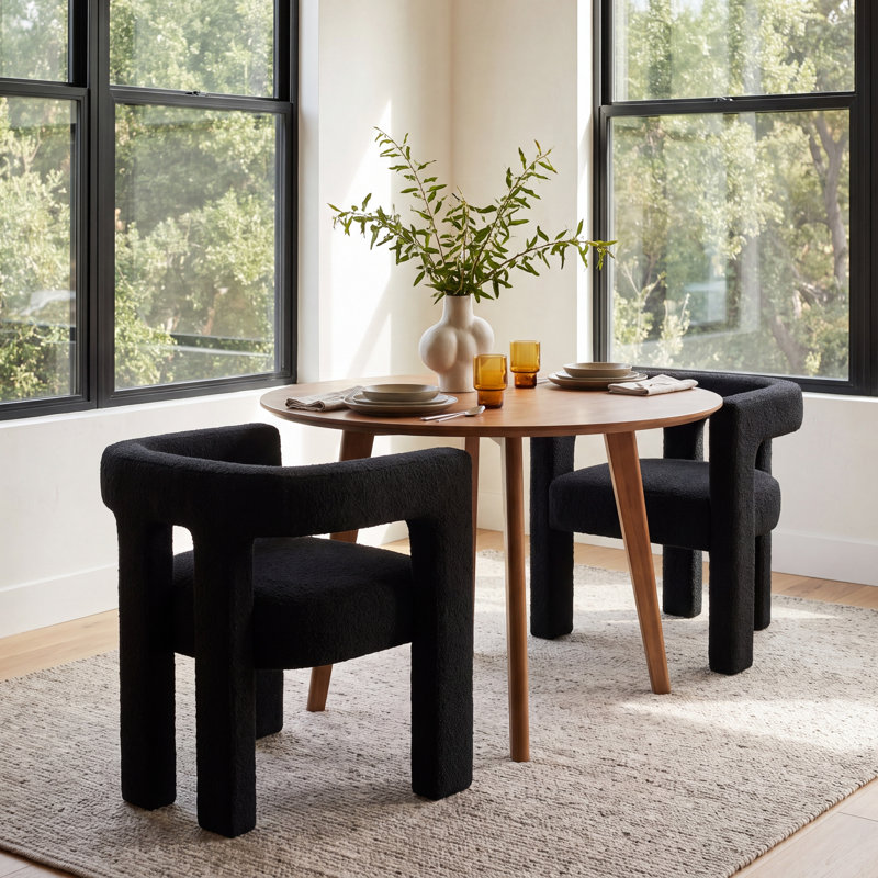 Aruna Solid Boucle Dining Arm Chair, Black Boucle