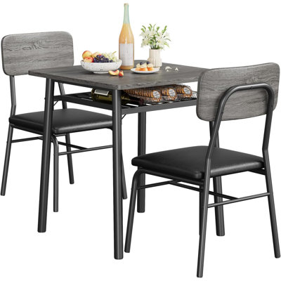 3-Piece Dining Table Set for 2 with Storage Rack, Small Space-Saving Kitchen Table & 2 Upholstered Chairs, Black Wood Tabletop with Metal Frame Legs for Dining Room, Living Room