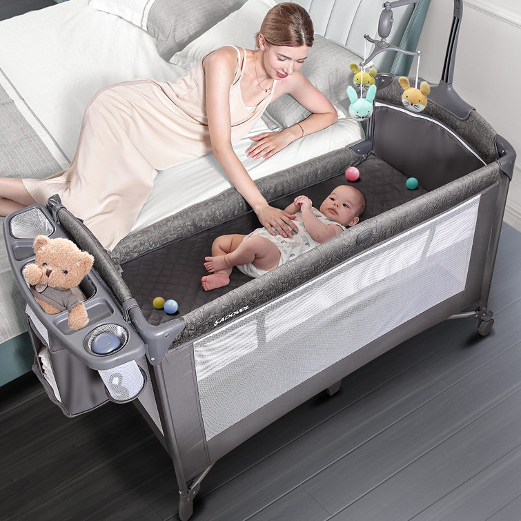 3 in 1 Nursery Center Includes Bedside Crib, Pack and Play, Diaper Changer, Diaper Organizer, Swivel Mobile, Baby Bassinet Aerobath Color: Grey