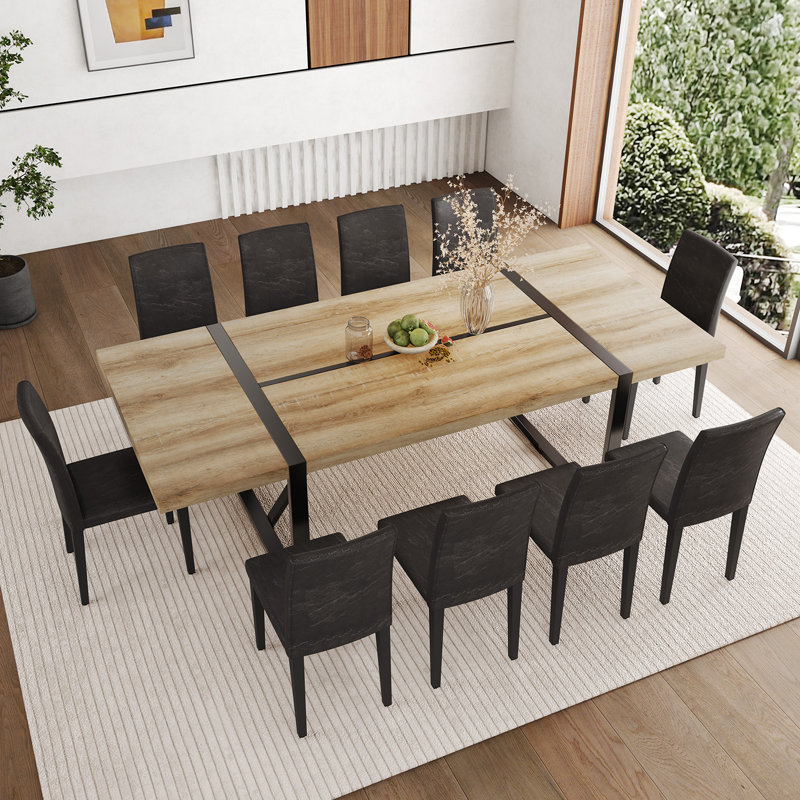 87" Wood Dining Table Set With PU Leather Upholstered Dining Chair, 11 Pieces: Table, 10 Chairs, Black, Wood