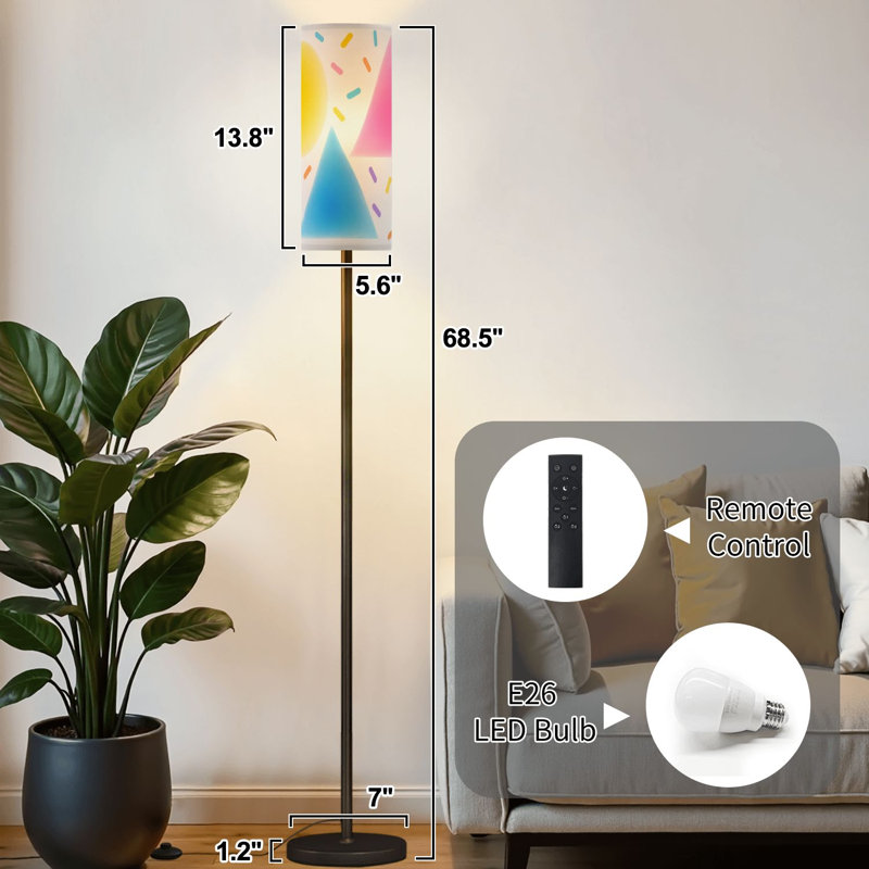 Lampe sur pied confettis à formes géométriques abstraites multicolores à intensité variable moderne avec télécommande et pédale, abat-jour, abat-jour haut, lampe de coin pour le salon, la chambre et le bureau