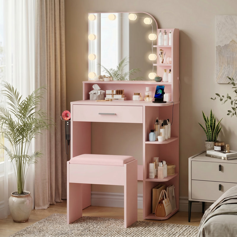 Jaseria Makeup Vanity Set with LED Lighted Mirror & Power Outlet, Vanity Table with 6 Storage Shelves for Bedroom, Pink