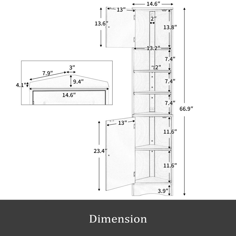 Armoire de rangement haute multifonctionnelle avec deux portes et tablettes réglables, tablette ouverte, Gris