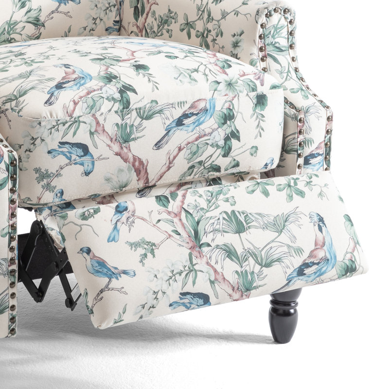Upholstered Classic Wing Back Manual Push Back Recliner With Naihead Trims And Solid Vase-Shape Wooden Legs