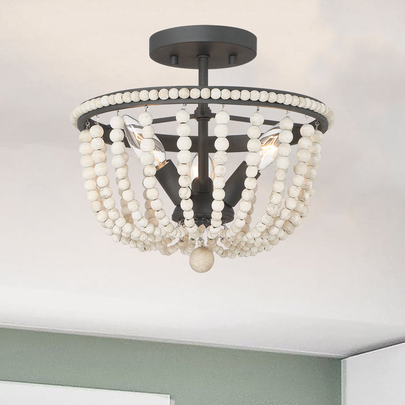3 Light Wood Bead Semi Flush Mounts Lighting Chandelier, Matte Black/White