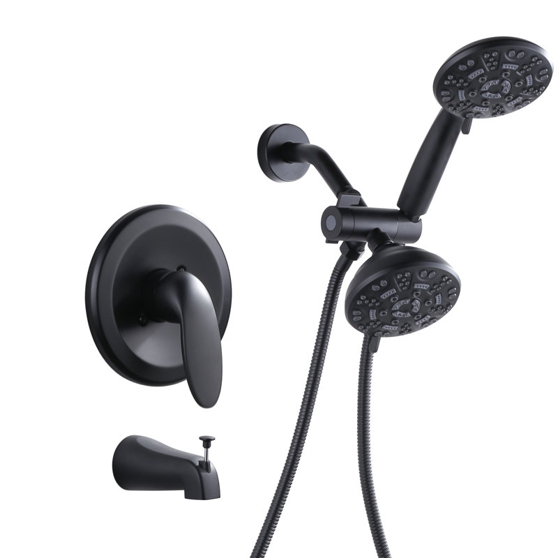 Robinet de baignoire et de douche à poignée simple avec deux pommes de douche, 8 réglages de jet et valve inclus, Noir mat