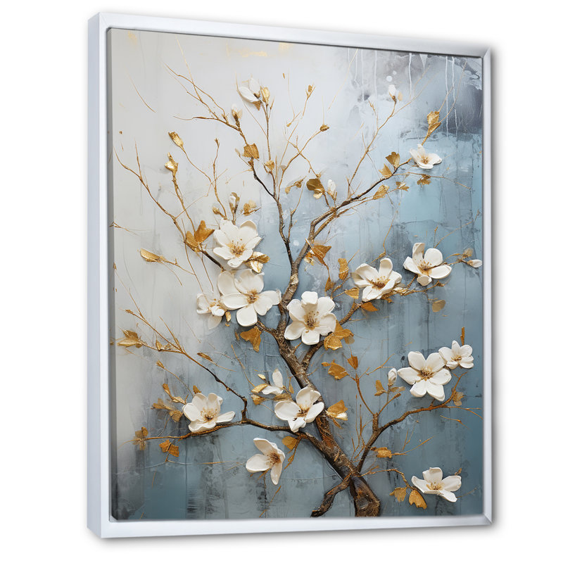 «Peacefulness White Blue Dogwood I» - art mural cornouiller, H 32 po x l 24 po x P 1 po, Cadre flottant blanc