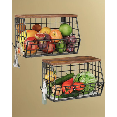 Panier à fruits à deux niveaux pour comptoir de cuisine ou fixation murale, panier suspendu en fil métallique avec couvercle en bois, rangement rustique