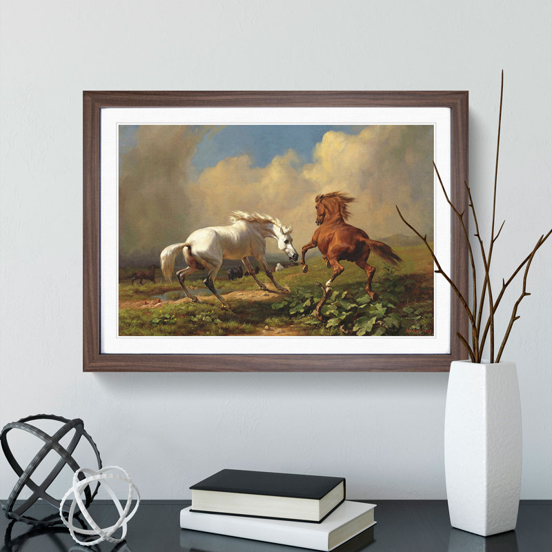 Two Horses by George Stubbs - Picture Frame Painting on MDF, Walnut Framed, 27cm H x 36cm W x 2cm D