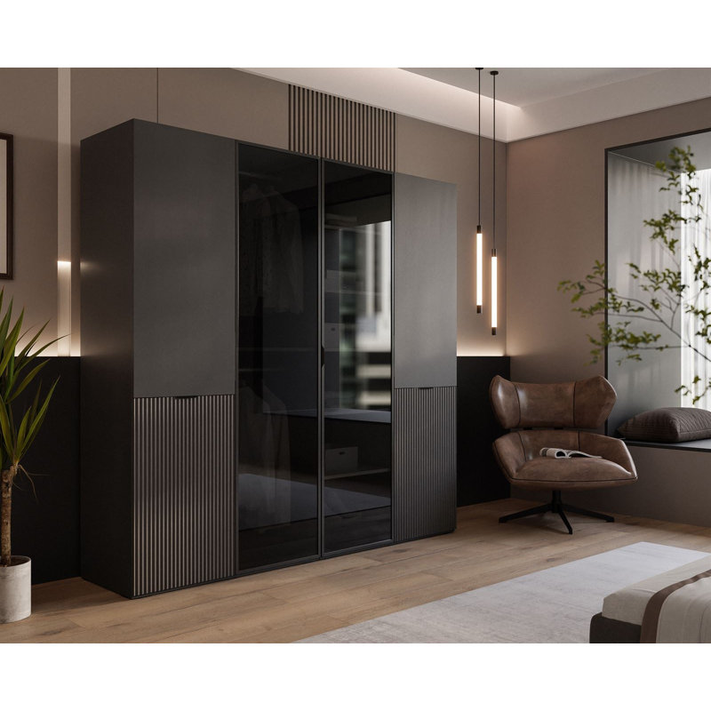 Manufactured Wood Wardrobe, Black Graphite/Black Glass