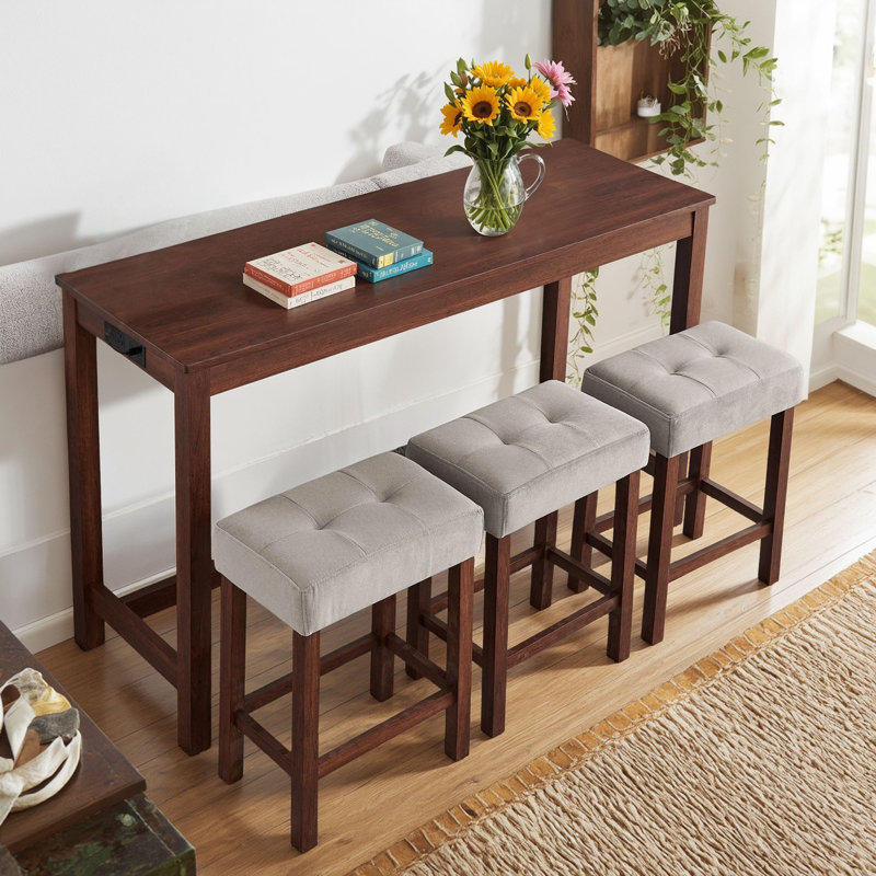 59 Inch Bar Table, Dining Table, Sofa Table With Power Outlet, 3 Upholstered Stools, 4 Piece Bar Table And Chair Set For Living Room, Dining Room, Kitchen