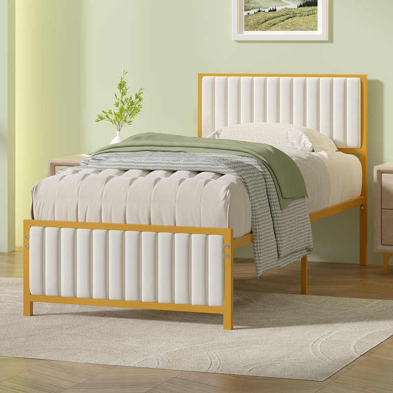 Metal Platform Bed Frame With Upholstered Headboard And Footboard, Heavy Duty Steel Slats Platform Bed, No Box Spring Needed