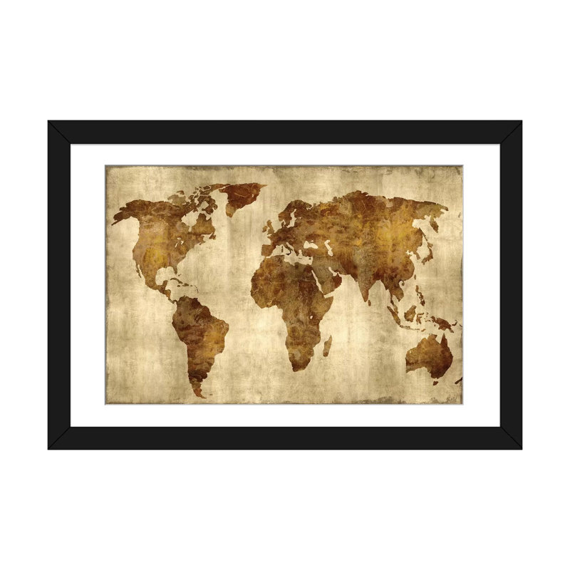 «The World», reproduction d'impression sur toile en bronze sur fond doré, Black Framed Paper, Blanc
