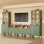 Meuble audio-vidéo modulaire de 118 po de largeur et vitrine avec lumières DEL, portes en verre, quincaillerie de couleur laiton et poignées en cuir véritable, convient aux téléviseurs de 75 po ou moins