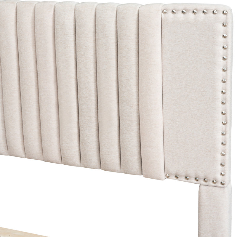Lit tapissier beige, 2 tiroirs et lit gigogne, tête de lit classique, structure en bois robuste, espace de rangement accru, procédure d'assemblage simple, plateforme complète avec look de tête de lit simple, contreplaqué amélioré