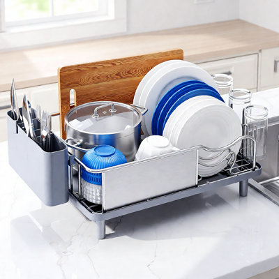 Large Capacity 304 Stainless Steel Dish Drying Rack With Drain Board & Utensil Holder